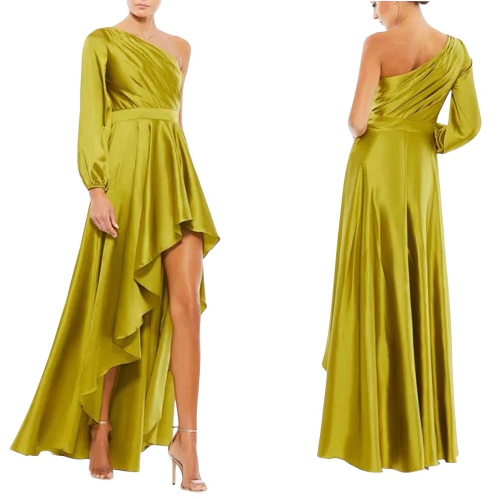 Mac Duggal Olive Green One-Shoulder High-Low Satin Gown